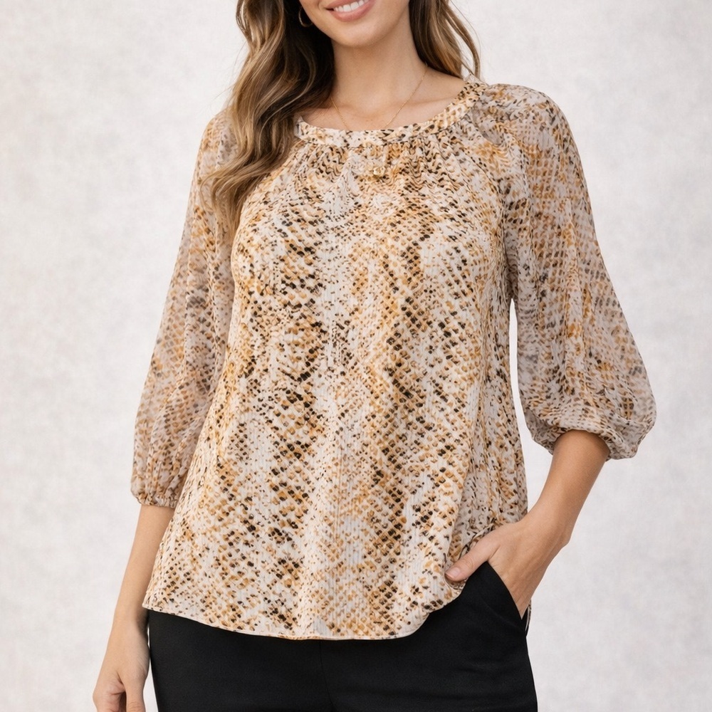 Calvin Klein Womens Medium Snake Print Blouse Sheer Sleeve Animal Print Top